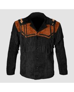Men Black Suede Western Cowboy Leather Jacket With Fringes - Jacket Tailor