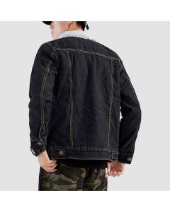 Black Denim Jacket Outfit sherpa Fleece Lined Thicken Denim Jean Trucker Jacket Coats-Jacket Tailor