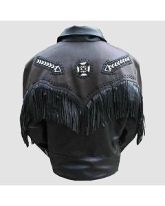 Black Leather Native American Western Cowboy Fringe Jacket - Jacket Tailor