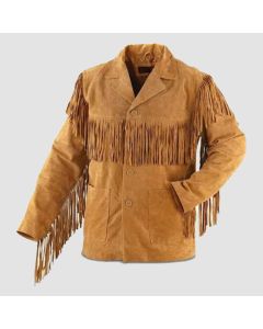 Men Brown Suede Western Cowboy Leather Jacket With Fringe - Front