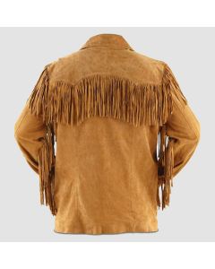 Men Brown Suede Western Cowboy Leather Jacket With Fringe - Front