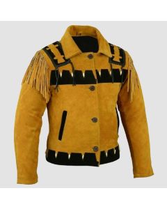 Golden Brown Suede Western Cowboy Leather Jacket With Fringe - Jacket Tailor