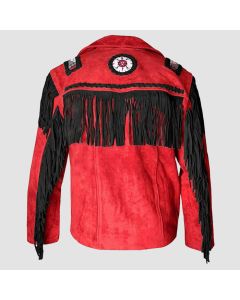 Suede Western Cowboy Leather Jacket With Fringe  Red & Black - Jacket Tailor
