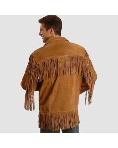 Men Tan Brown Suede Leather Jacket Fringed & Buttons - Jacket Tailor