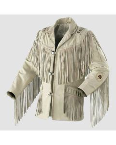 Men Western Cowboy Leather Jacket With Fringe - White - Jacket Tailor