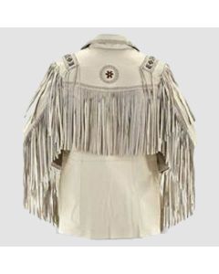 Men Western Cowboy Leather Jacket With Fringe - White - Jacket Tailor