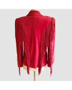 Cherry red soft suede fringed beaded southwestern jacket - Jacket Tailor