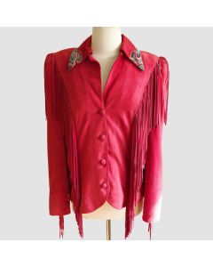 Cherry red soft suede fringed beaded southwestern jacket - Jacket Tailor