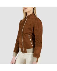 G154 - Tan Suede Leather Bomber Jacket And Merinos Wool