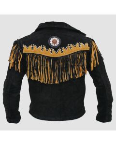 Black Western Suede Leather Cowboy Style Yellow Fringe  Jacket - Jacket Tailor
