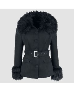 Black Faux Coat with Plunging Fur Collar and Cuffs