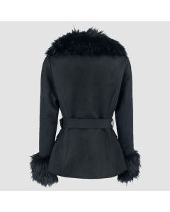 Black Faux Coat with Plunging Fur Collar and Cuffs
