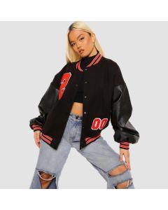 Petite Pu Sleeve Oversized Varsity Jacket - Jacket Tailor