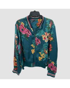 Polly Esther Women's Blue Teal Floral Full-Zip Varsity Jacket - Jacket Tailor