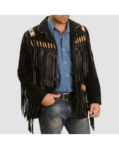 Traditional Western Leather Jacket With Fringe Bone and Beads - Jacket Tailor