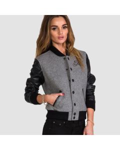 Short Body Smart Fit black & gray stylish varsity jacket women's - Jacket Tailor