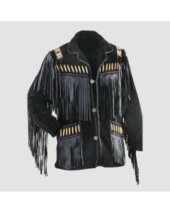 Traditional Western Leather Jacket With Fringe Bone and Beads - Jacket Tailor