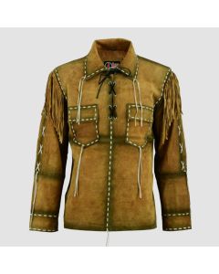 Western Cowboy Brown Suede Leather Jacket Shirt With Fringe - Jacket Tailor