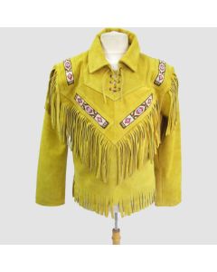 Men's Yellow Cowboy Native American Fringe Suede Leather Jacket - Jacket Tailor