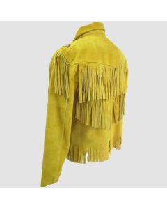 Men's Yellow Cowboy Native American Fringe Suede Leather Jacket - Jacket Tailor
