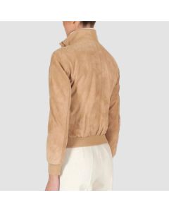 Fathy Beige Suede Leather Bomber Jacket With Buttons
