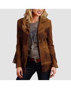 Women's Vintage Brown 100% Genuine Suede Leather Fringed Jacket - Jacket Tailor