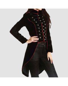 Halloween Ladies Velvet Long Tail Coat Black Gothic Steampunk Military Coat