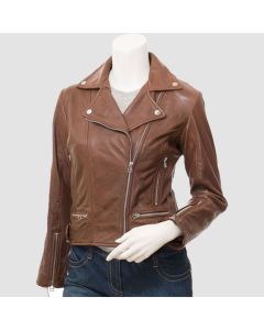 Women’s Cross Zip Brown Biker Leather Jacket