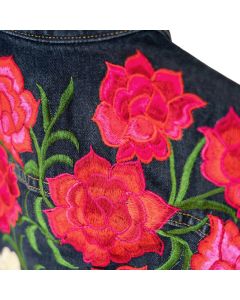 Denim Jacket with Vibrant Floral Embroidery of Rose Design for Women