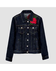 Denim Jacket with Vibrant Floral Embroidery of Rose Design for Women