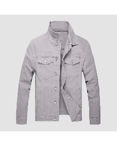 Grey Denim Jacket For Men With Button Front And Stand Up Collar-Jacket Tailor