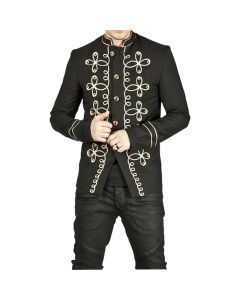 Men Handmade Gold Embroidery Black Military Napoleon Hook Jacket 100% Cotton - Jacket tailor