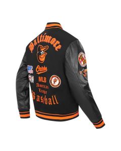 MLB Baltimore Orioles Varsity Jacket in black, showcasing a snap-button front, leather sleeves, and the Orioles 'O's' logo with 'Baltimore' lettering, from Jacket Tailor.