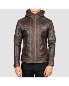 Hector Vintage Brown Hooded Leather Biker Jacket
