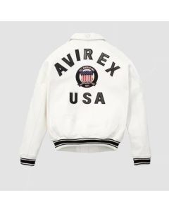 Men's New Avirex White Real Bomber American Flight Jacket Leather Jacket