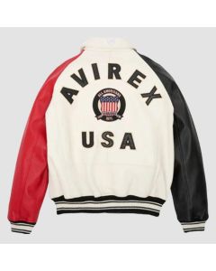 Icon Leather Jacket, Jacket In Blue And White Color With Red & Black Sleeves, Military Bomber Jacket USA Edition