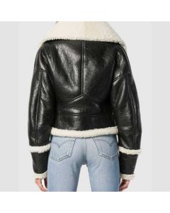 Women's Black Leather Cropped Wide Shearling Collar Jacket