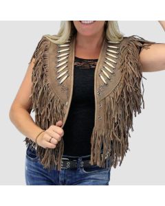 Genuine Bone Studded Brown Fringe Leather Vest