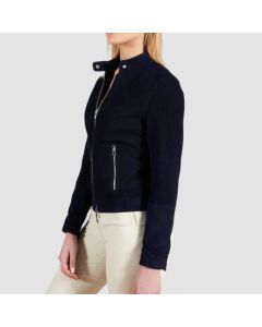 Linda Blue Perfored Suede Lamb Leather Biker Jacket Smooth Aspect