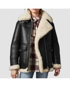 Women's Aviator Ivory Shearling Black Leather Jacket