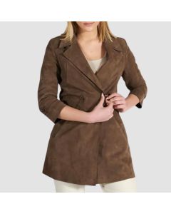 Olive Suede Leather Top Coat Bonded Fabric Lining