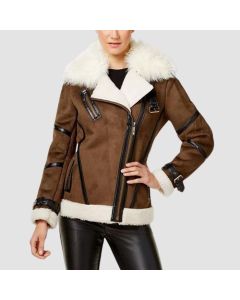 Women's Brown Asymmetrical Shearling Leather Jacket