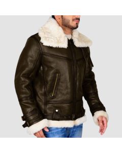 Mens Army Green Brown Leather Jacket