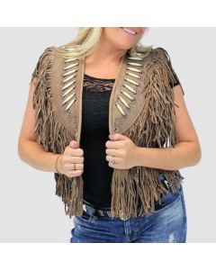 Genuine Bone Studded Brown Fringe Leather Vest