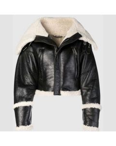 Women's Black Leather Cropped Wide Shearling Collar Jacket