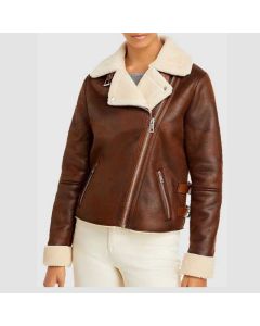 Women's Brown Leather Motorcycle Shearling Jacket