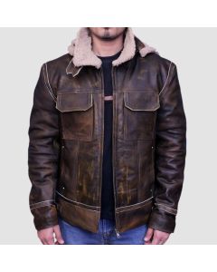 Men Aviator Leather Bomber Jacket With Fur Hood Brown