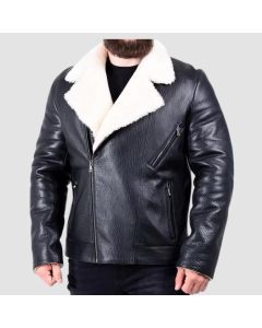 Men's White Faux Fur Black Leather Jacket