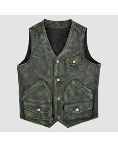 Men's Distressed Green Leather Hunter Vest by SCIN