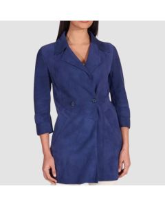Blue Suede Leather Top Coat Bonded Fabric Lining